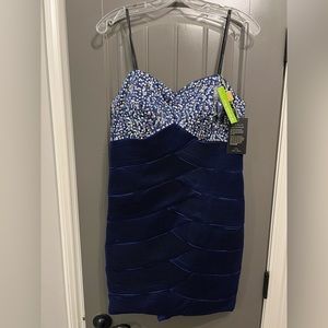 Narianna, Size XL, blue satin with sequins strapless dress (straps included) NWT